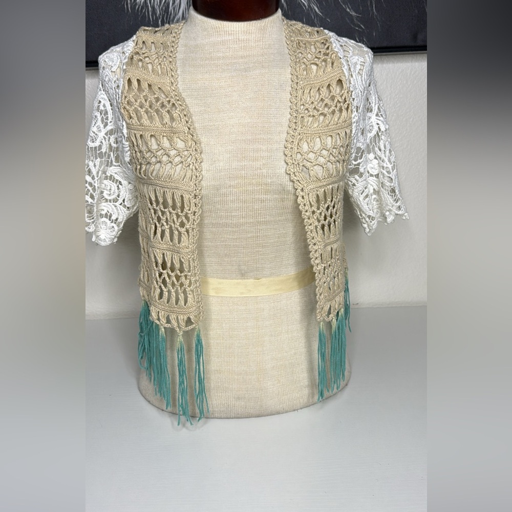 Beige Crochet Fringe Open-Front Cardigan Teal Tassels Size Medium Upcycled